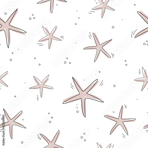 Starfish seamless pattern. One line drawing of a seastars. Hand drawn marine illustrations of starfishes. Summer tropical ocean beach style