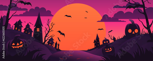Photo Halloween pumpkins, bats, graveyard and scary buildings against the backdrop of a big orange moon
