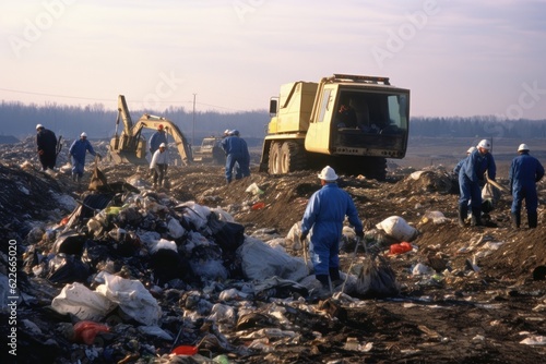 people working at a landfill and sorting and recycling garbage with their hands trash dump bulldozer. Generative AI
