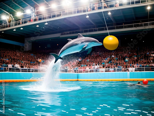 Generative AI.  Dolphin in the dolphinarium with spectators, photo