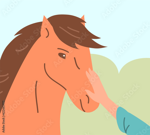 Man petting a horse. Horse therapy for children and adults. Animal friend. Health care and rehabilitation. Flat vector illustration
