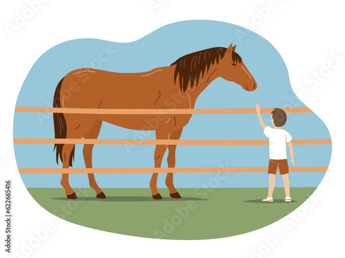 Little boy and horse. Horse therapy for children. Animal friend. Health care and rehabilitation. Flat vector illustration