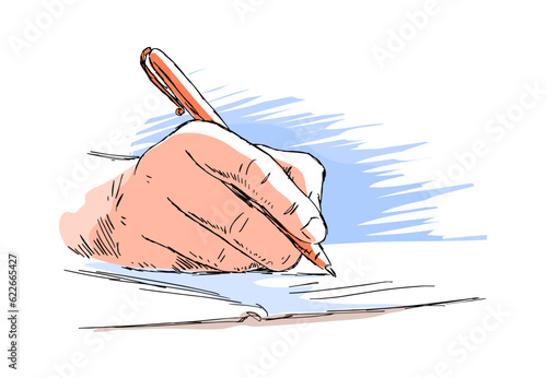 Hand writes with a pen in a notebook. Education, study and business concept. Vector color illustration sketch. Line drawing