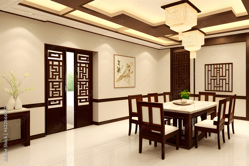 Realistic 3D render luxury oriental style family dining room with