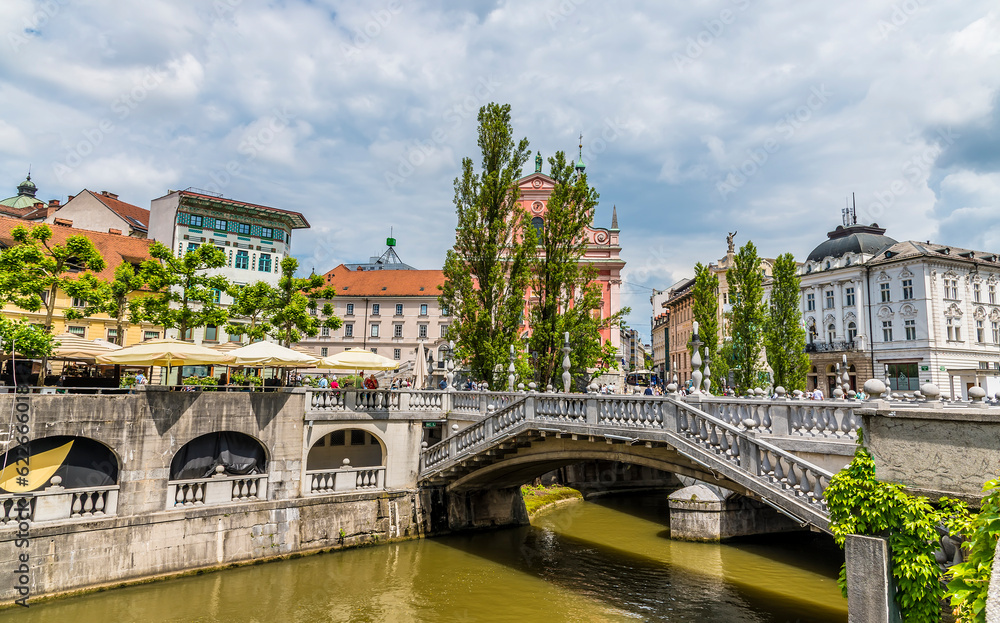 A view towards the Triple bridge and Preseren Square in Ljubljana, Slovenia in summertime