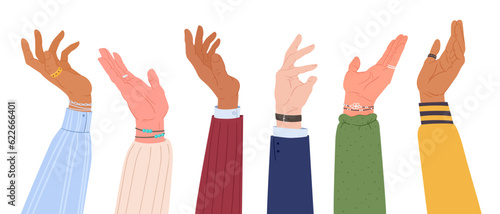 Diverse human hands. Cartoon arms with different skin colours, male and female hands raised up. Hands gestures flat vector illustration set