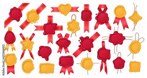 Wax stamps. Cartoon red and golden seal with ribbons and jute cord, vintage postal wax stamps flat vector illustration set. Retro paraffin stamps collection