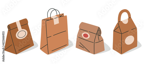 Food delivery packaging. Cardboard shopping bags, paper takeaway food carton bags. Retail goods wrappers flat vector illustration set