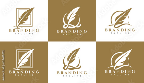 Luxury abstract feather pen logo design. Elegance feather pen letter L logo mark.