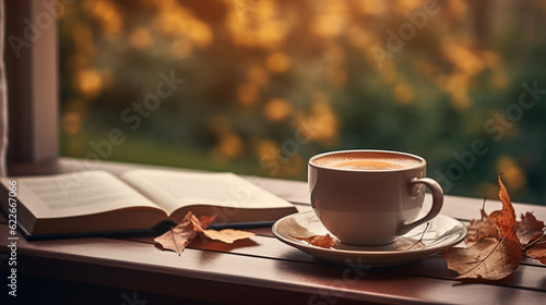 Fotografia Autumn scene  An open book on a table, Good morning in the background, AI Genera