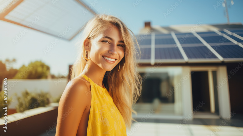 Fototapeta premium Beautiful blonde girl standing in front of her home with solar panels on the roof