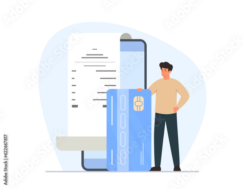 Vector illustration of online mobile banking and mobile payments. Online bill payment. Character with huge smartphone, credit card and payment bill isolated on white background.