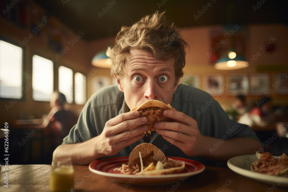 Caucasian man in his 30s eating tacos junk food Caucasian man in his 30s eating tacos junk food