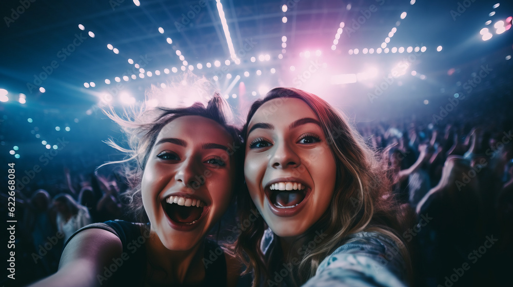Selfie image of two young women at a concert in a giant indoor arena Selfie image of two young women at a concert in a giant indoor arena