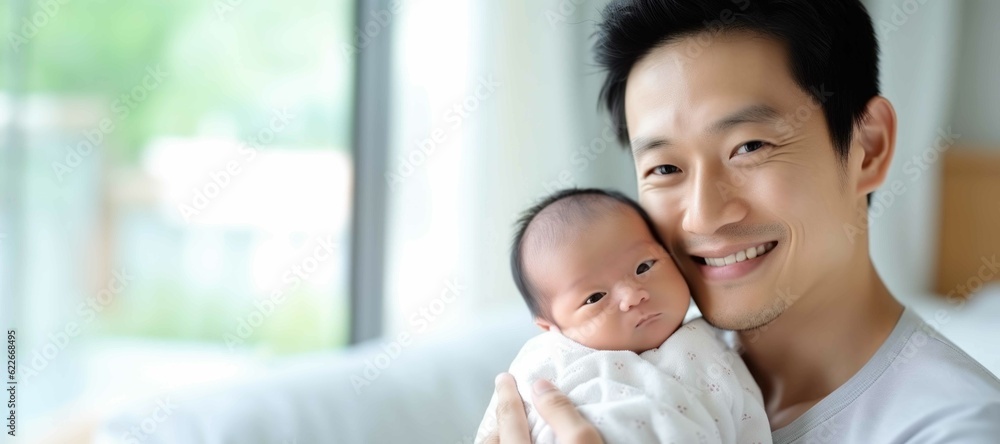 Asian father with his newborn baby at home made with Generative AI. Asian father with his newborn baby at home made with Generative AI.