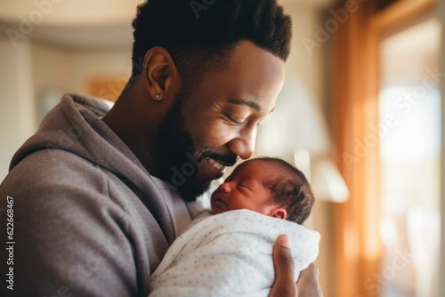 African father with his newborn baby at home made with Generative AI. © Ladanifer