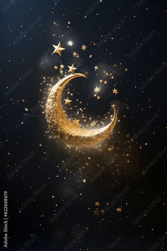 Moon Flying in the Air with Golden Stars. Generative ai Moon Flying in the Air with Golden Stars. Generative ai