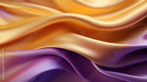 Abstract background 3D wave design in a striking combination of bright gold and purple gradient. The visual representation evokes a sense of fluidity and elegance reminiscent of silk fabric.