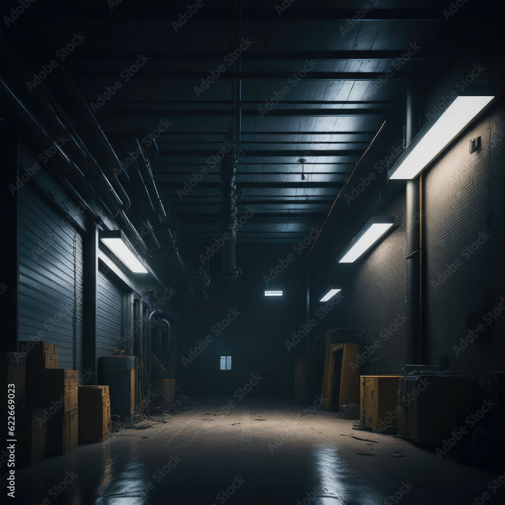 Dark Garage Interior, Tube Glowing Lights, Metal And Concrete Textures, Hangar Hallway, Industrial, Generative Ai