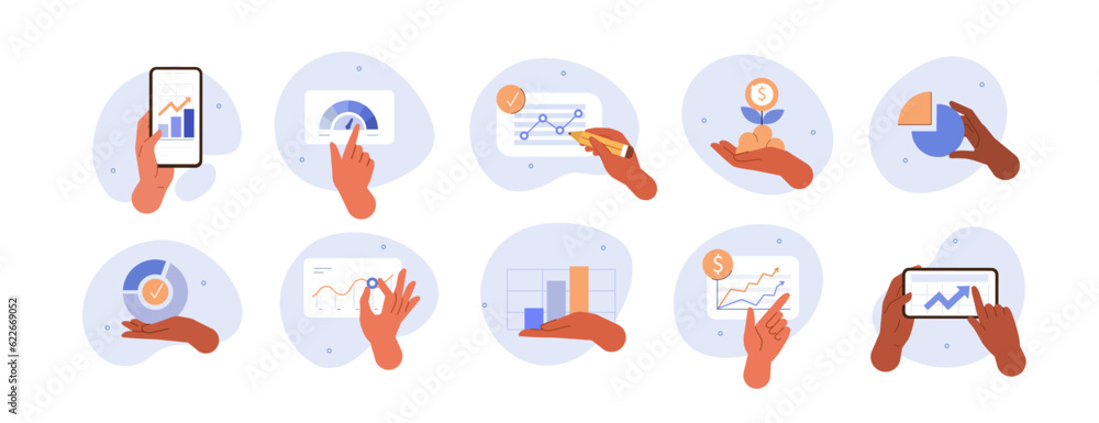 Hand gestures illustration set. Collections of characters hands pointing at finance report with charts and graphs. Financial statements data analysis concept. Vector illustration.