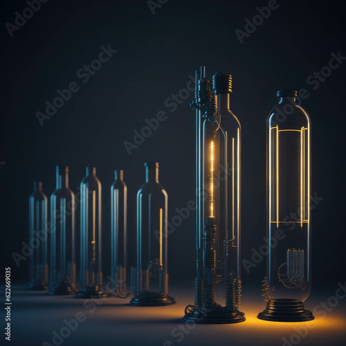 Futuristic Sci-fi Laboratory Glowing Bottles  Alchemy Experiment  Warm Lights  Generative AI