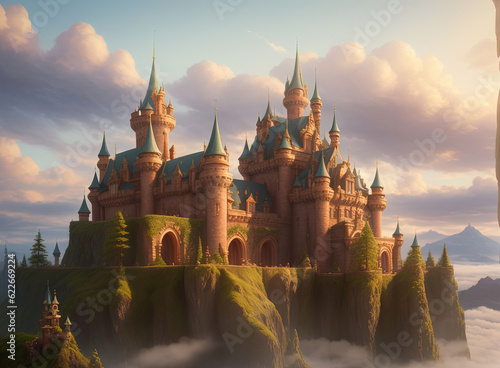 Enchanted castle in the clouds. Ai generated