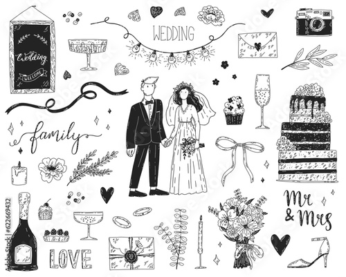 Groom and bride. Big vector set of wedding elements. Cute hand-drawn collection of illustrations for invitation or wedding decoration. St. Valentine Day greeting card design	