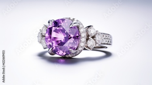 Purple sapphire ring on white surface