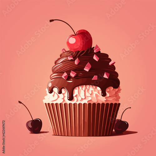 Chocolate cake with cherries. Cake on a pink background. Vector illustration