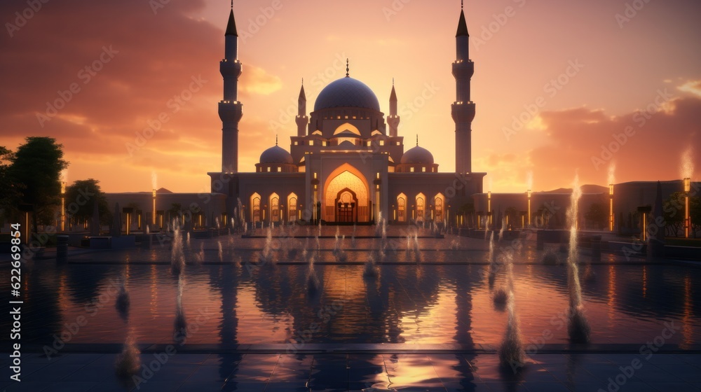 blue mosque and fountain at sunset