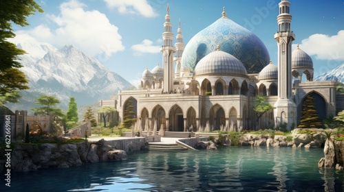 Beautiful mosque and a fountain in mountains