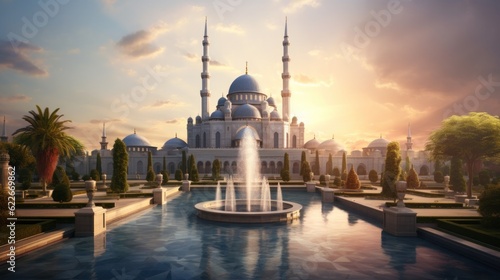 Mosque and a fountain in sunrise