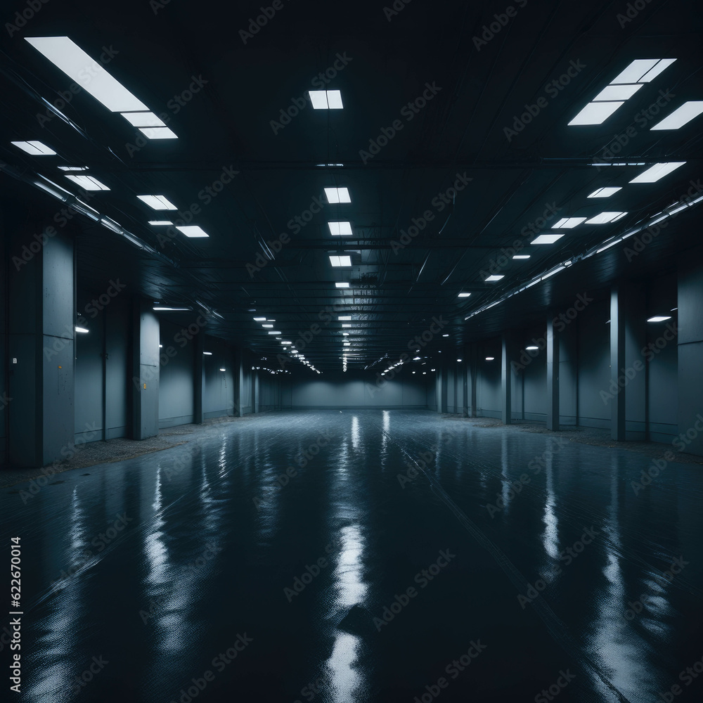 Large Empty Mall Parking Place With Columns, Glowing Lights, Wet Asphalt with Reflections, Realistic, Generative AI Large Empty Mall Parking Place With Columns, Glowing Lights, Wet Asphalt with Reflections, Realistic, Generative AI