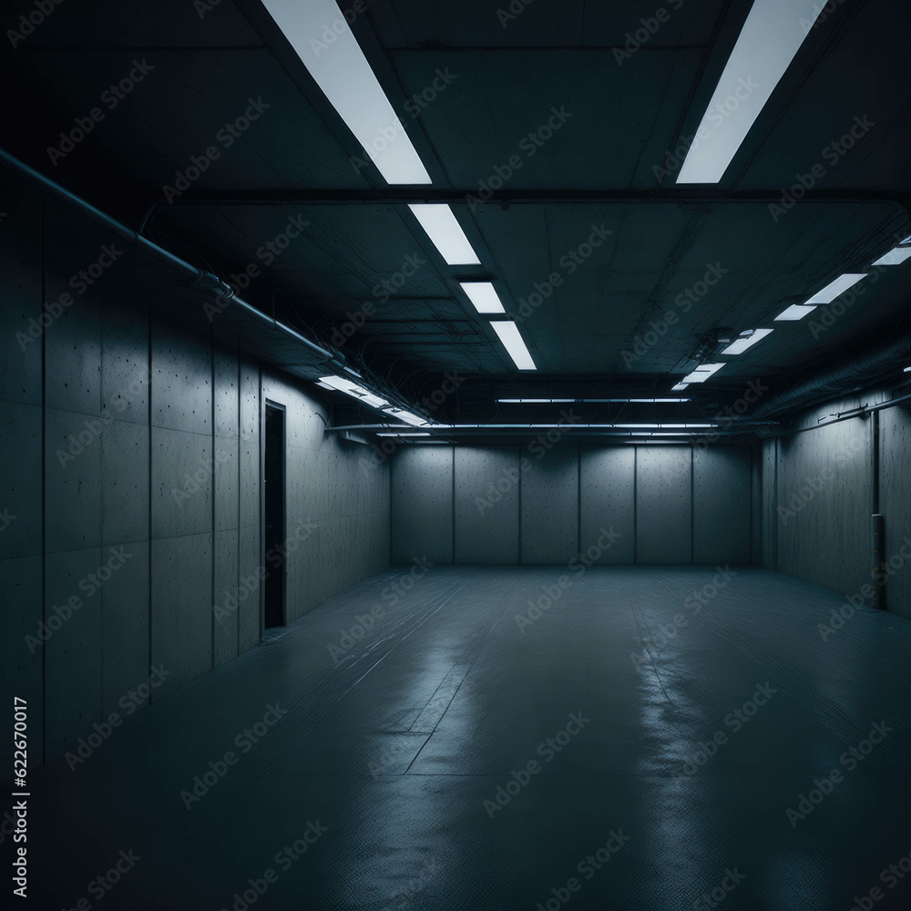 Underground Parking Place Interior, Empty Hallway Tunnel, Glowing Lights, Metal and Concrete textures, Generative AI