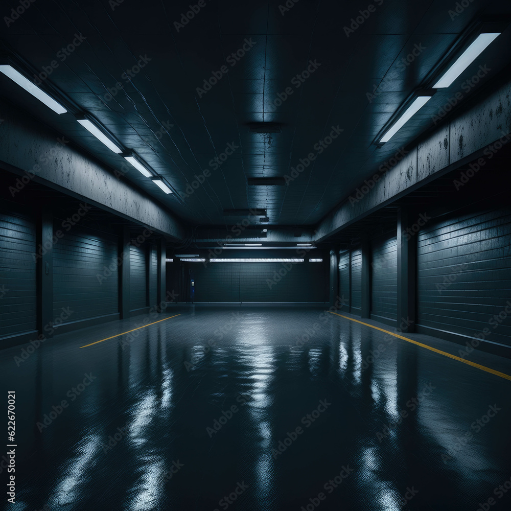 Large Empty Mall Parking Place With Columns, Glowing Lights, Wet Asphalt with Reflections, Realistic, Generative AI