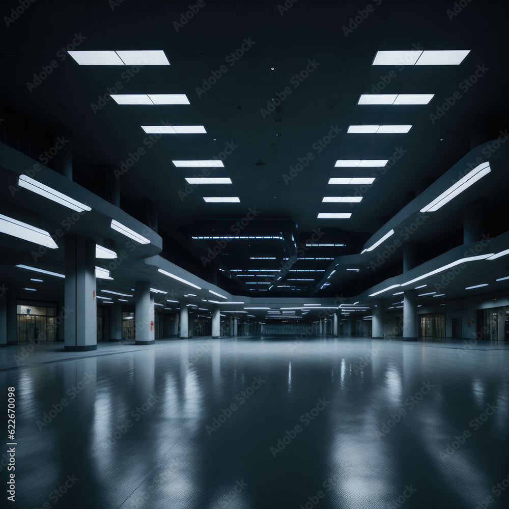 Futuristic Mall Parking Place With Columns, Empty, Glowing Led Lights, No Cars, Generative AI