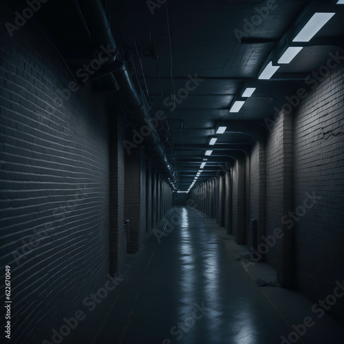 Underground Parking Place Interior, Empty Hallway Tunnel, Glowing Lights, Metal and Concrete textures, Generative AI