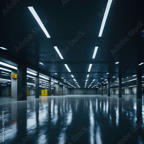 Large Empty Mall Parking Place With Columns, Glowing Lights, Wet Asphalt with Reflections, Realistic, Generative AI © Phoenix_Renders