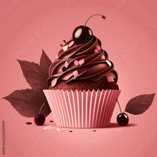 Chocolate cupcake on a pink background. Vector illustration