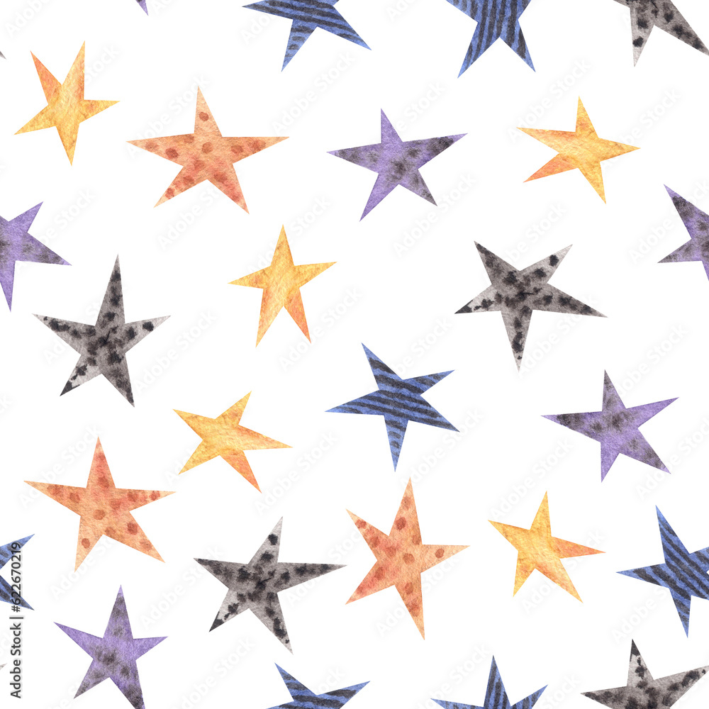 Watercolor seamless halloween party pattern with different violet, blue, orange stars with dots and stripes.October autumn white background as wrapping paper Watercolor seamless halloween party pattern with different violet, blue, orange stars with dots and stripes.October autumn white background as wrapping paper