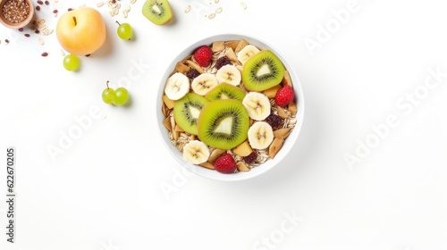 Bowl with fruits kiwi apple banana cereal isolated on white background