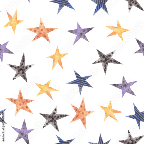 Watercolor seamless halloween party pattern with different violet  blue  orange stars with dots and stripes.October autumn white background as wrapping paper