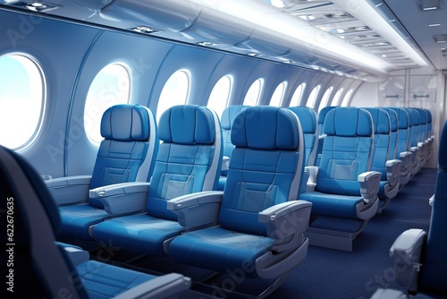 Cabin of modern aircraft with passengers on seats .