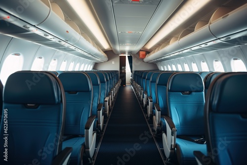 Cabin of modern aircraft with passengers on seats .