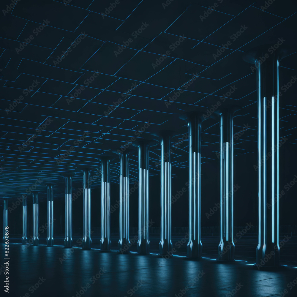 Futuristic Empty Parking, Glass And Metal Shine Texture, No Cars, Round Columns, Dark, Generative AI Futuristic Empty Parking, Glass And Metal Shine Texture, No Cars, Round Columns, Dark, Generative AI