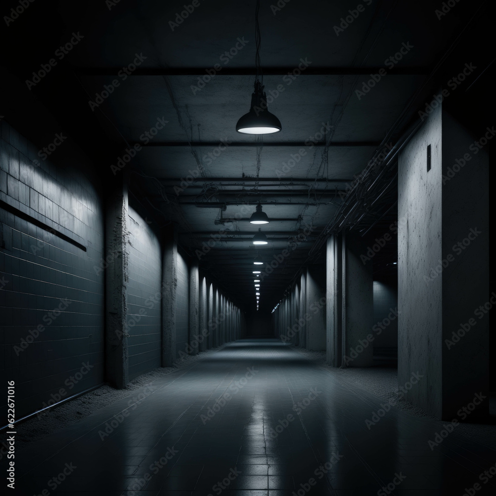 Underground Tunnel, Futuristic Empty Interior, Tiles on Wall, Dark, Glowing Tube Led Lights, Industrial, Generative AI Underground Tunnel, Futuristic Empty Interior, Tiles on Wall, Dark, Glowing Tube Led Lights, Industrial, Generative AI