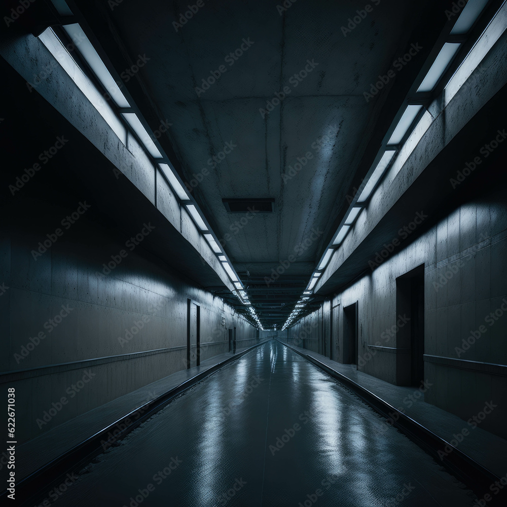 Underground Tunnel, Futuristic Empty Interior, Tiles on Wall, Dark, Glowing Tube Led Lights, Industrial, Generative AI