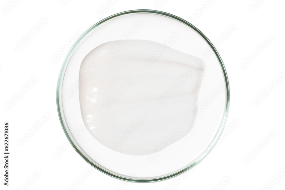 Petri dish isolated on empty background. A smear of cosmetic cream in a Petri dish. Petri dish isolated on empty background. A smear of cosmetic cream in a Petri dish.