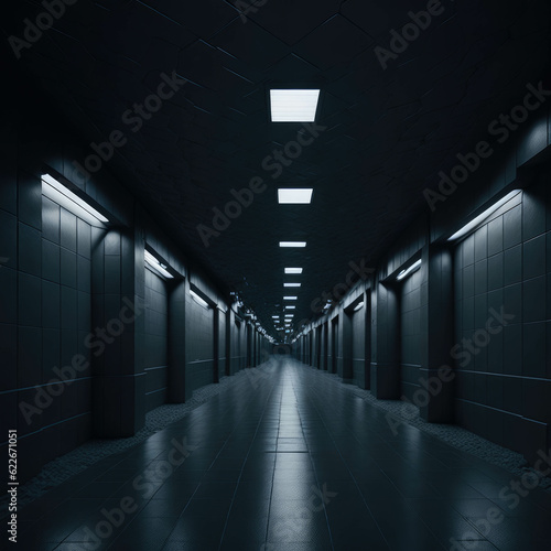 Underground Tunnel  Futuristic Empty Interior  Tiles on Wall  Dark  Glowing Tube Led Lights  Industrial  Generative AI