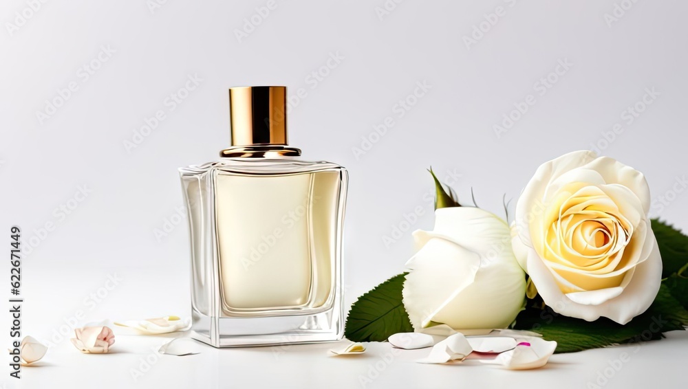 Perfume bottle with rose flowers and petals on light background. Generative AI Perfume bottle with rose flowers and petals on light background. Generative AI